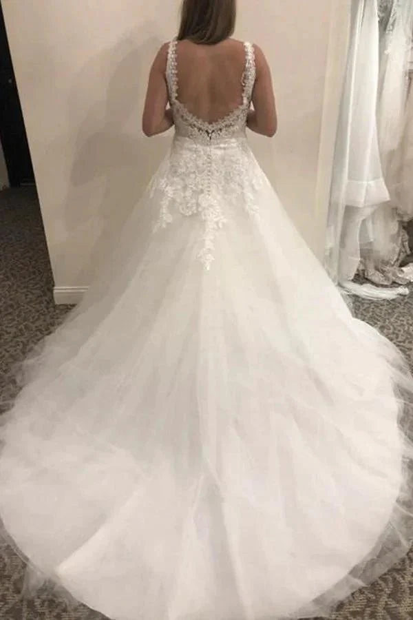 Simple Long Lace Tulle V-neck A-line Backless Wedding Dress - Image 2