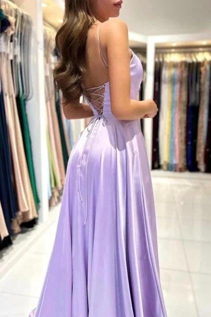 Simple Long Lilac A-line Sleeveless Prom Dresses - Image 4