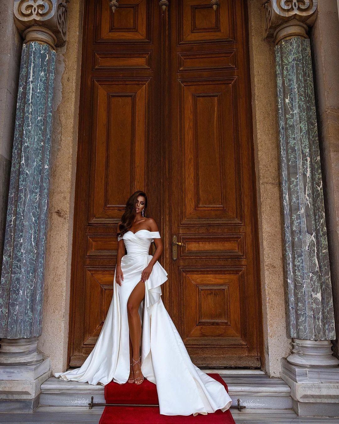 Simple Long Mermaid Off-the-shoulder Satin Wedding dress with slit - Image 6