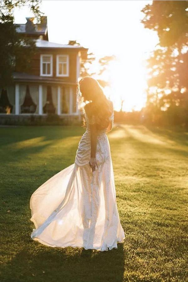 Simple Long Mermaid Off the Shoulder Sequined Wedding Dress with Slit - Image 5