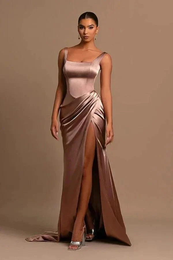 Simple Long Mermaid Straps Satin Sleeveless Formal Prom Dress With Slit - Image 6
