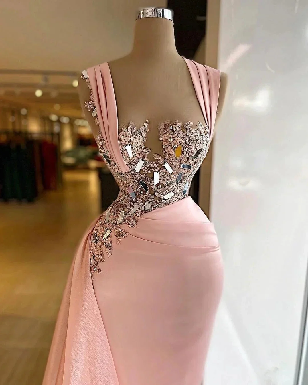 Simple Long Mermaid Wide Straps Crystal Ruffles Chiffon Prom Dress - Image 2