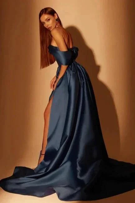 Simple Long Navy Blue A-line Off-the-shoulder Prom Dresses With Slit - Image 2
