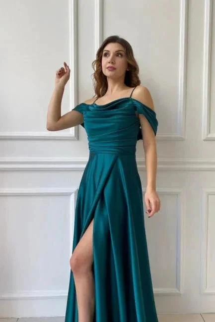 Simple Long Off-the-shoulder A-line Evening Dresses Prom Dresses With Slit - Image 4