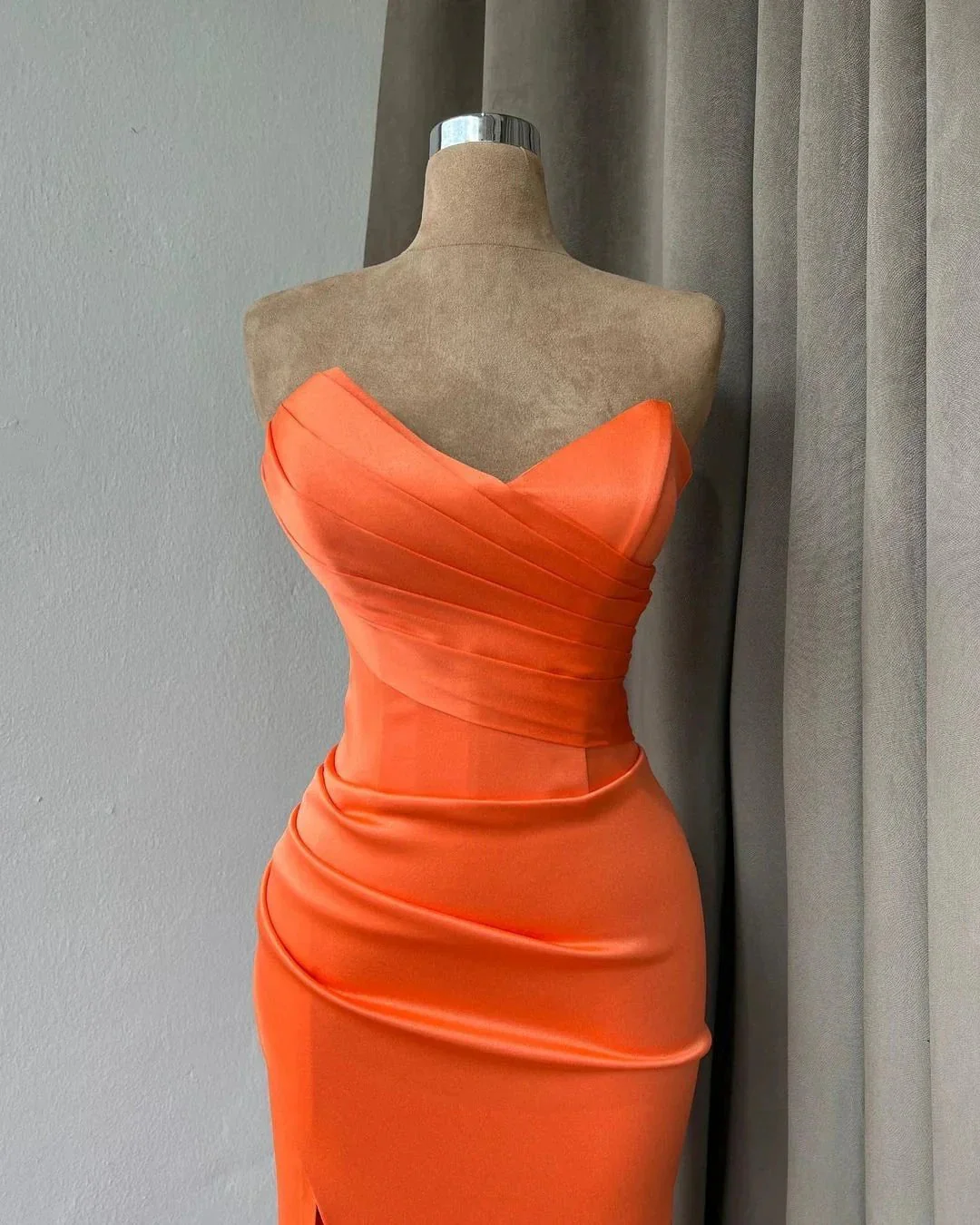 Simple Long Orange Mermaid Strapless Satin Prom Dress With Slit - Image 2