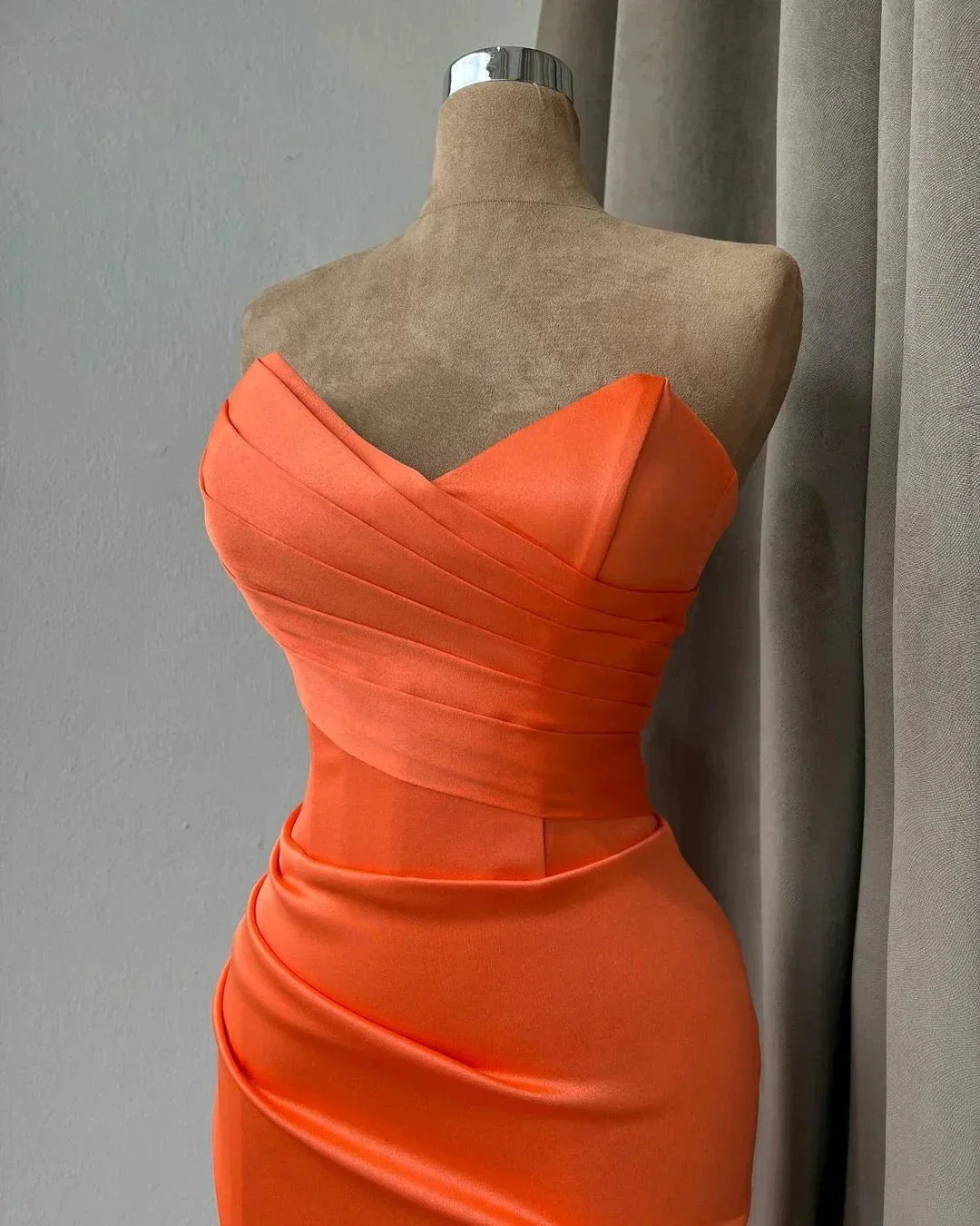 Simple Long Orange Mermaid Strapless Satin Prom Dress With Slit - Image 3
