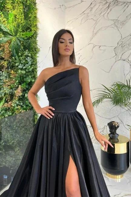 Simple Long Red A-line One Shoulder Sleeveless Satin Prom Dresses With Slit - Image 3