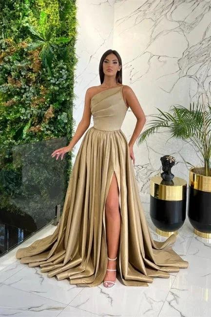 Simple Long Red A-line One Shoulder Sleeveless Satin Prom Dresses With Slit - Image 4