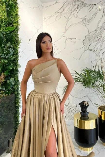 Simple Long Red A-line One Shoulder Sleeveless Satin Prom Dresses With Slit - Image 5