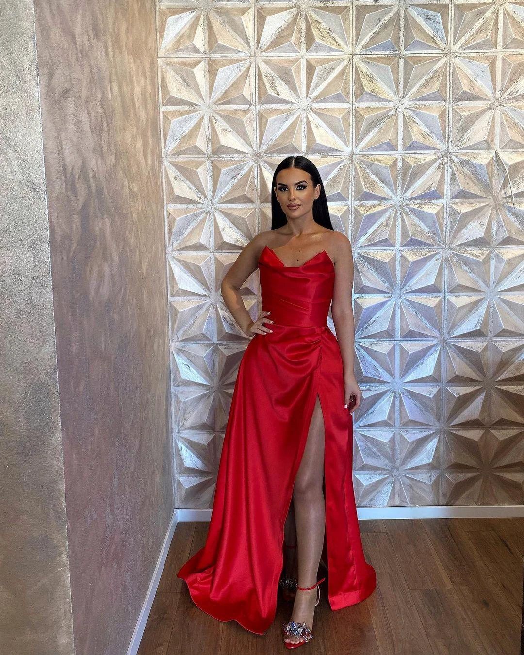 Simple Long Red A-line Satin Sleeveless Floor Length Prom Dress With Slit - Image 4