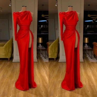 Simple Long Red Mermaid Satin Split Prom Dress With Long Sleeve - Image 2