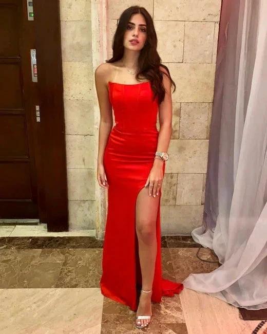 Simple Long Red Sexy Sleeveless Slit Mermaid Prom Dresses - Image 3