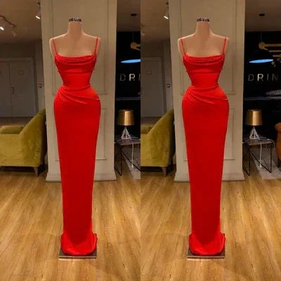 Simple Long Red Spaghetti Straps Mermaid Sleeveless Prom Dress - Image 2