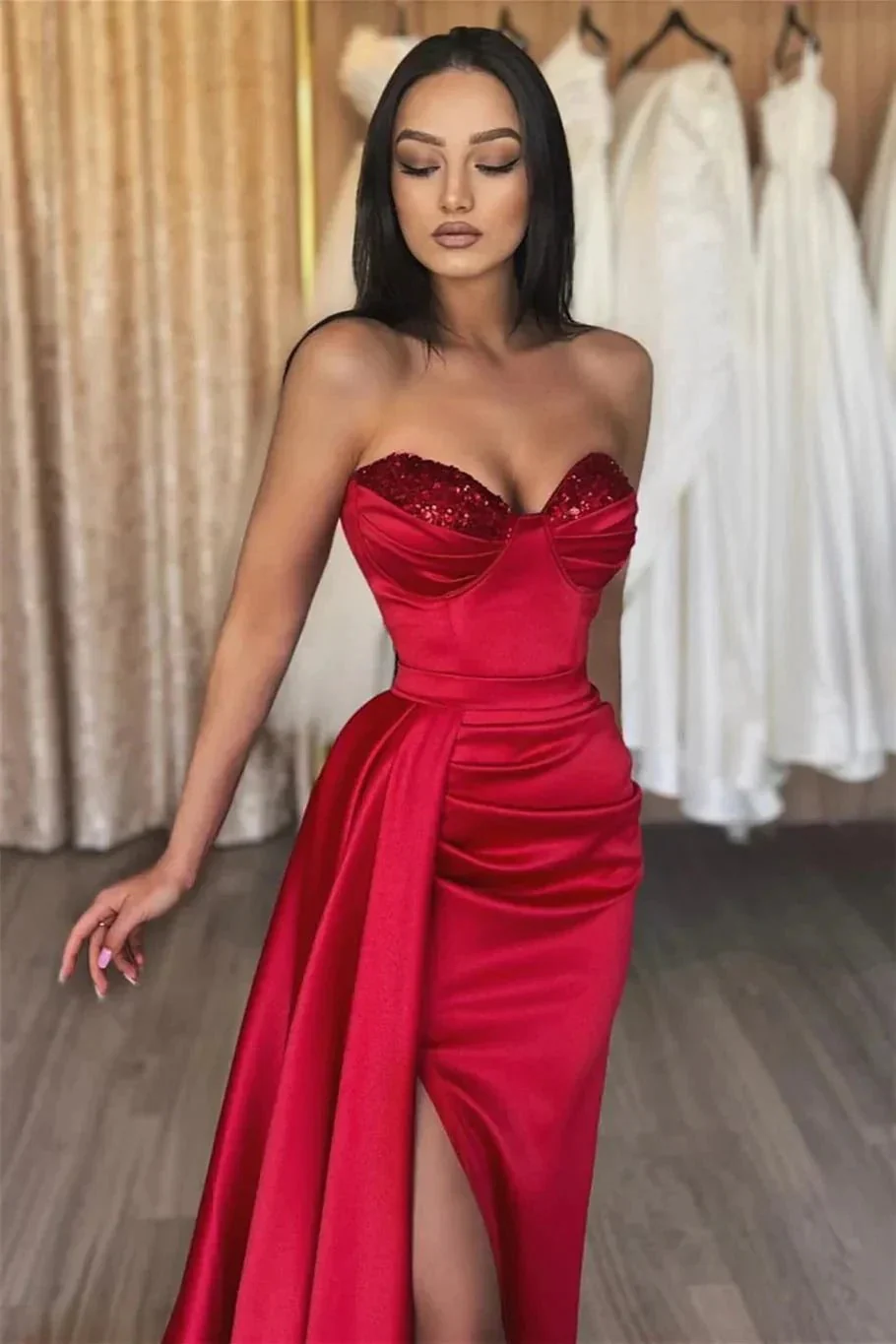 Simple Long Red Sweetheart Sequined Prom Dress With Slit - Image 2