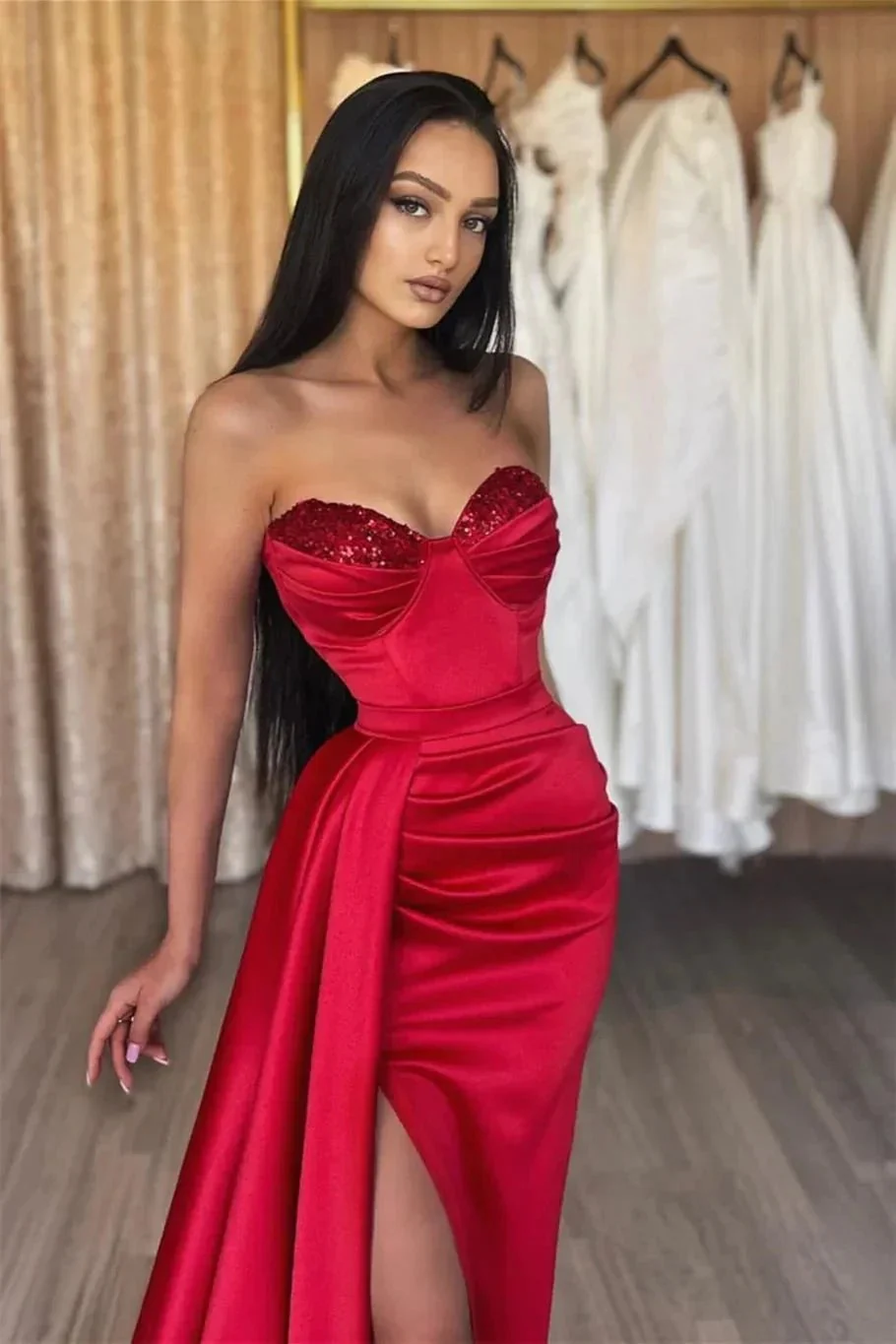 Simple Long Red Sweetheart Sequined Prom Dress With Slit - Image 3