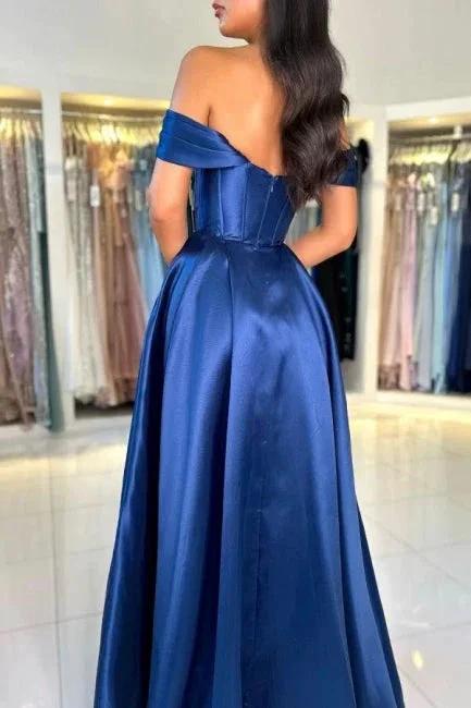 Simple Long Royal Blue Off-the-shoulder A-line Sleeveless Satin Prom Dress - Image 2