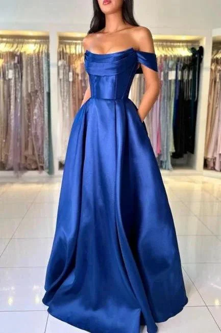 Simple Long Royal Blue Off-the-shoulder A-line Sleeveless Satin Prom Dress - Image 3