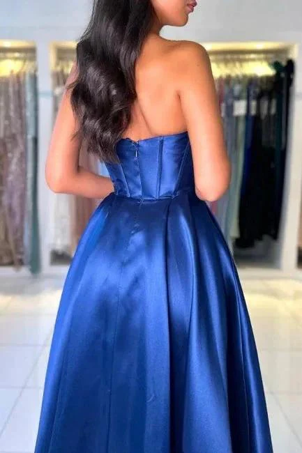 Simple Long Royal Blue Off-the-shoulder A-line Sleeveless Satin Prom Dress - Image 4