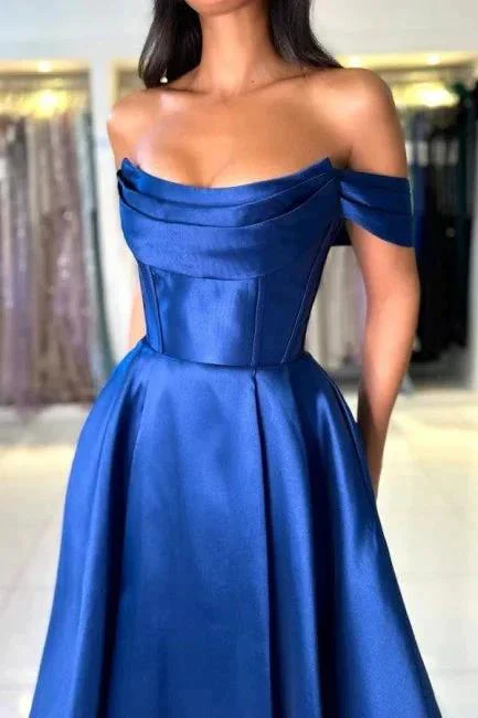 Simple Long Royal Blue Off-the-shoulder A-line Sleeveless Satin Prom Dress - Image 5