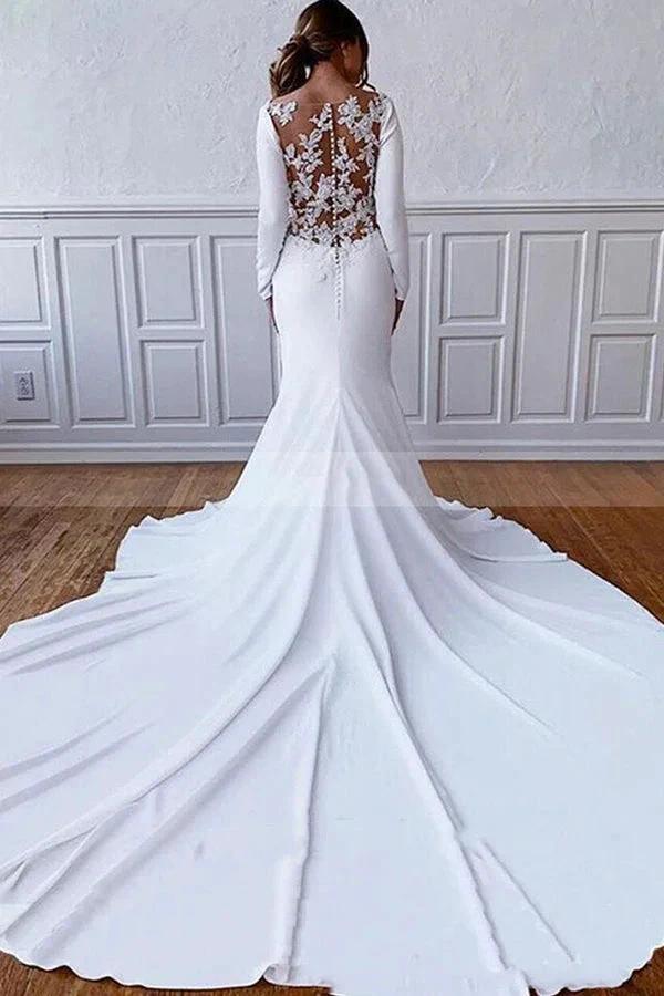 Simple Long Sheath Satin Illusion Lace Back Wedding Dress with Sleeves - Image 2