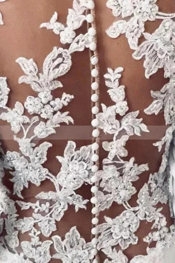 Simple Long Sheath Satin Illusion Lace Back Wedding Dress with Sleeves - Image 3