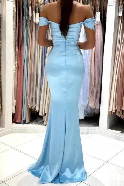 Simple Long Sky Blue Off-the-shoulder Mermaid Sleeveless Evening Dresses With Slit - Image 2
