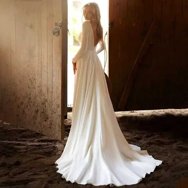 Simple Long Sleeves Wedding Dresses 2024 Sexy Deep V Neck Bridal Gown Backless Sweep Train Civil Robe De Mariee Country Marriage - Image 2