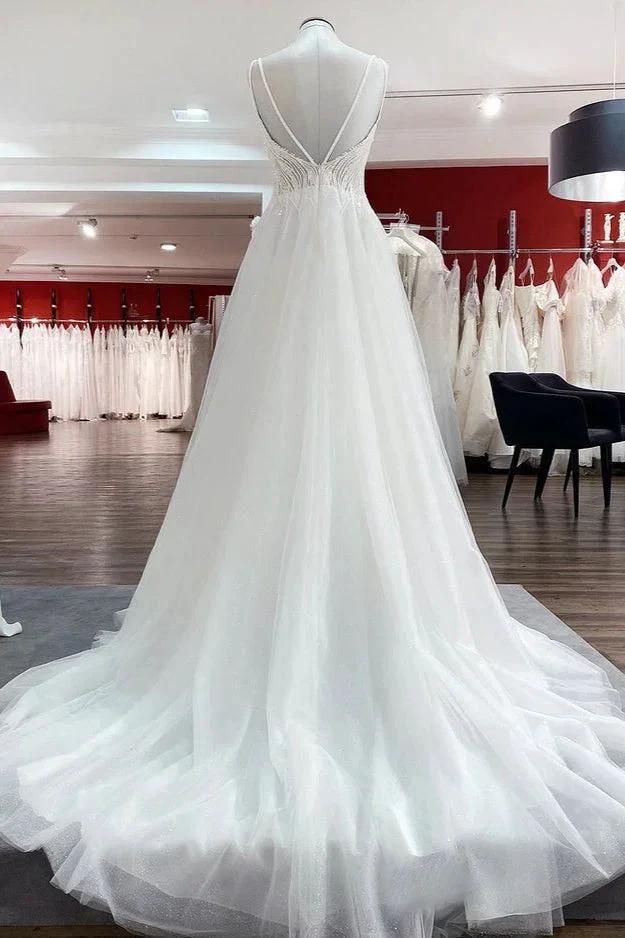Simple Long V-neck Sequins Ruffles A-line Tulle Backless Wedding Dress - Image 2