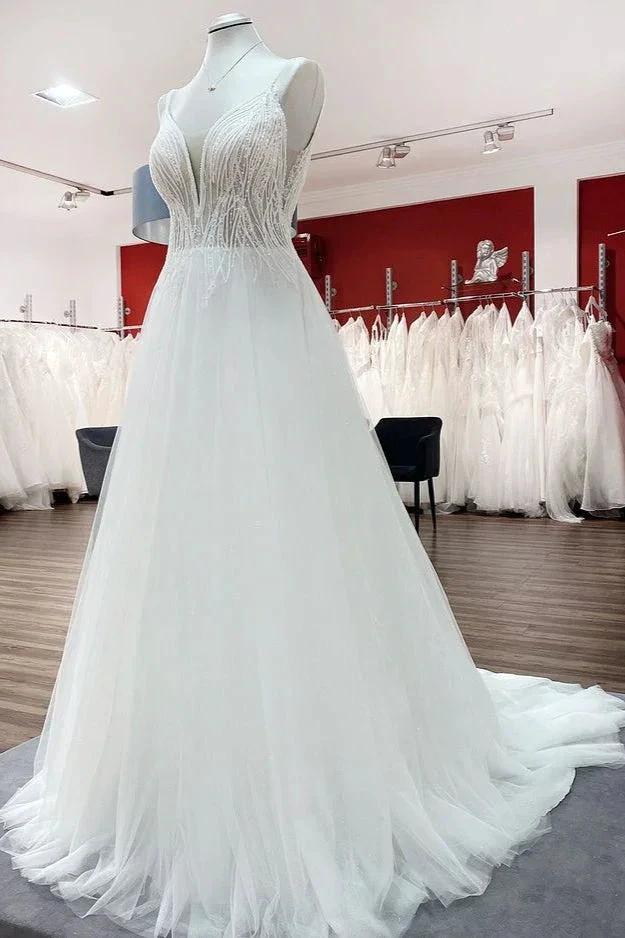Simple Long V-neck Sequins Ruffles A-line Tulle Backless Wedding Dress - Image 3