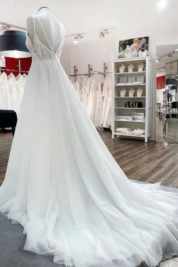 Simple Long V-neck Sequins Ruffles A-line Tulle Backless Wedding Dress - Image 4