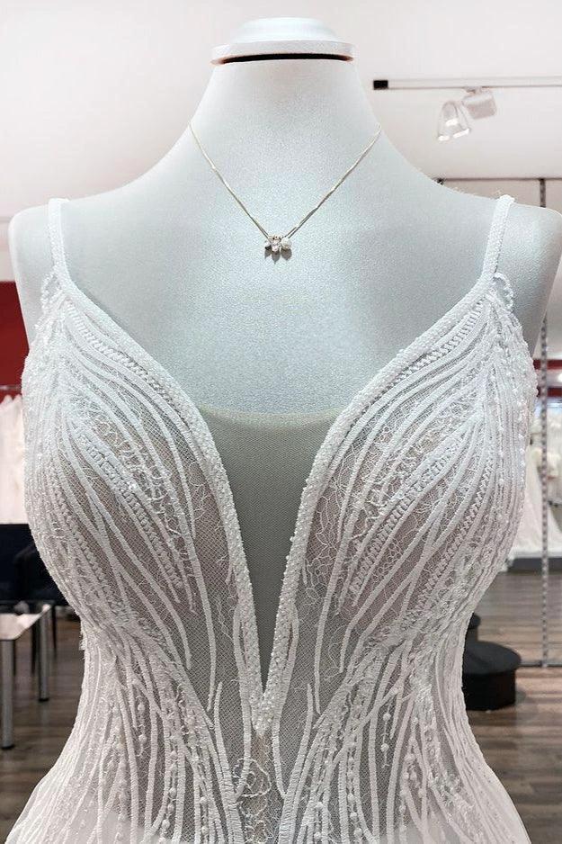 Simple Long V-neck Sequins Ruffles A-line Tulle Backless Wedding Dress - Image 5