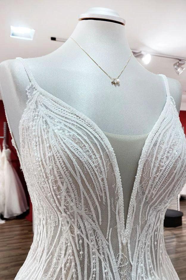 Simple Long V-neck Sequins Ruffles A-line Tulle Backless Wedding Dress - Image 6