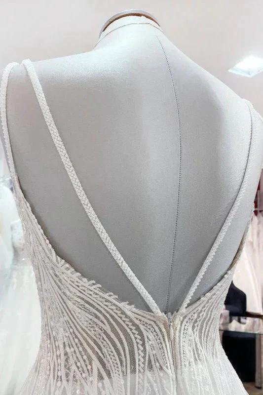 Simple Long V-neck Sequins Ruffles A-line Tulle Backless Wedding Dress - Image 7