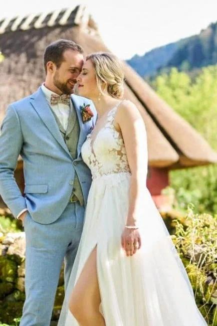 Simple Long White A-line V-neck Sleeveless Tulle Lace Wedding Dress with Slit - Image 2