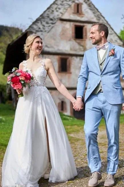Simple Long White A-line V-neck Sleeveless Tulle Lace Wedding Dress with Slit - Image 3