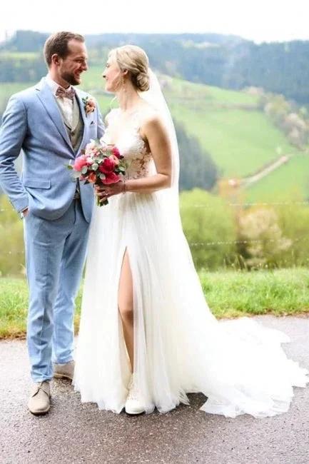 Simple Long White A-line V-neck Sleeveless Tulle Lace Wedding Dress with Slit - Image 7