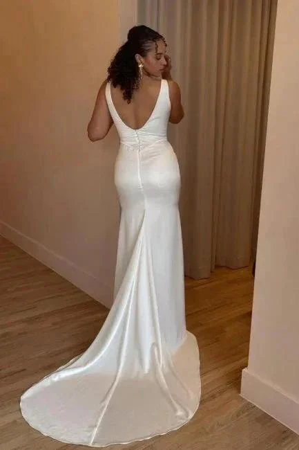 Simple Long White Mermaid Satin Sleeveless Wedding Dresses with Slit - Image 2