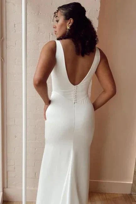 Simple Long White Mermaid Satin Sleeveless Wedding Dresses with Slit - Image 3
