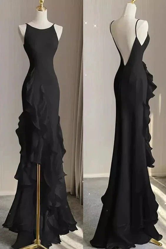Simple Mermaid Beach Black Evening Dress with Ruffles, Spaghetti Straps Backless Prom Gown Y5652 - Image 2