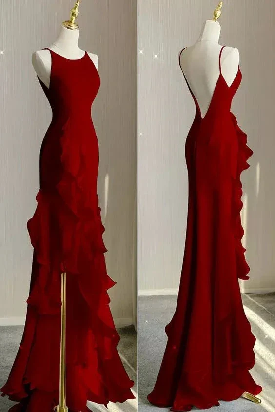 Simple Mermaid Beach Evening Dress with Ruffles,Spaghetti Straps Backless Prom Gown Y5651 - Image 2