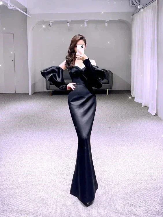 Simple Mermaid Black Prom Dress Satin Long Evening Dress Y6416 - Image 2