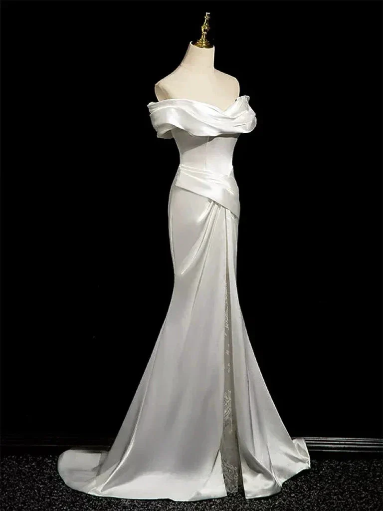 Simple Mermaid Off Shoulder Satin White Long Prom Evening Dress, Formal Wedding Dress Y8047 - Image 3