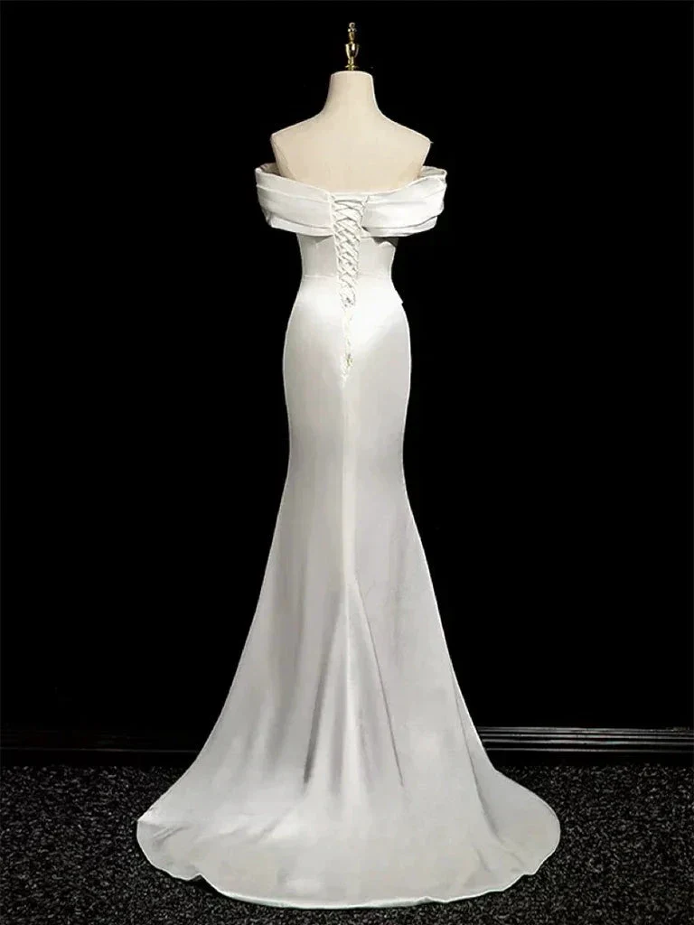 Simple Mermaid Off Shoulder Satin White Long Prom Evening Dress, Formal Wedding Dress Y8047 - Image 4