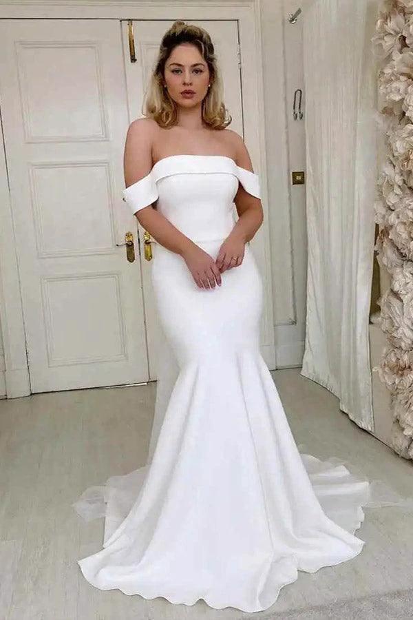 Simple Mermaid Off The Shoulder Ivory Satin Wedding Dress  WD605 - Image 2