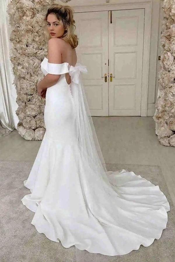Simple Mermaid Off The Shoulder Ivory Satin Wedding Dress  WD605 - Image 3