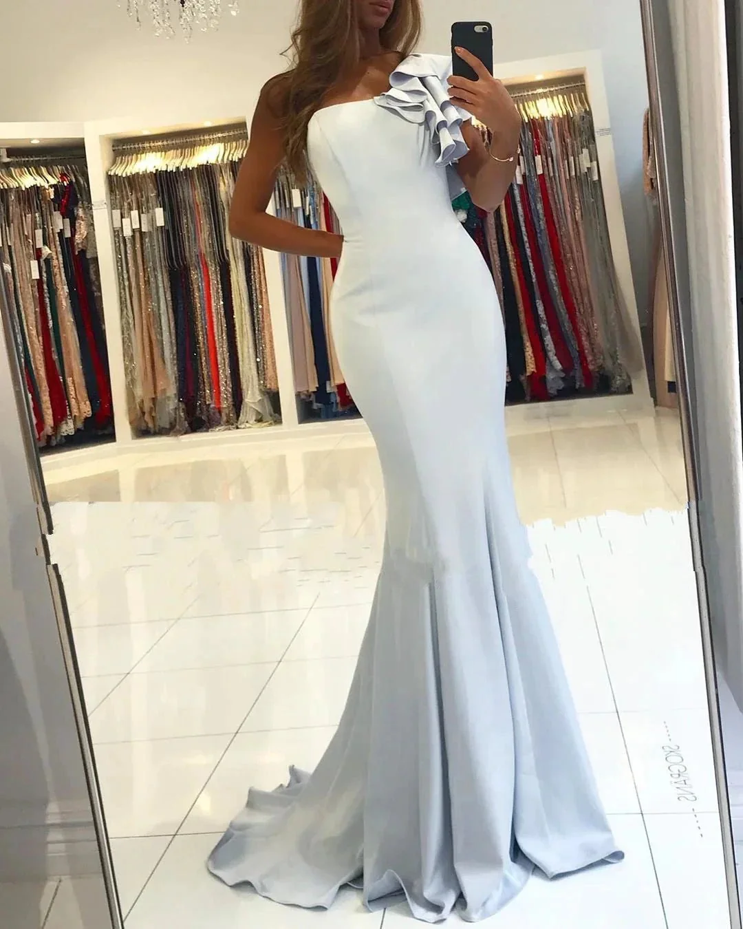 Simple Mermaid One Shoulder Backless Satin Long Prom Dress - Image 2