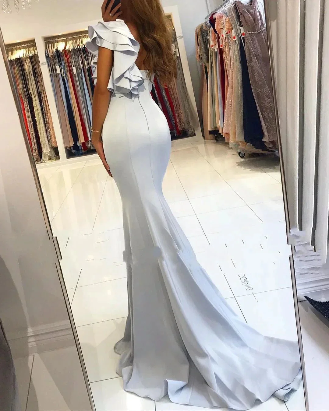 Simple Mermaid One Shoulder Backless Satin Long Prom Dress - Image 3