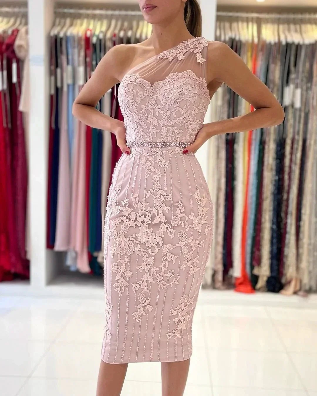 Simple Mermaid One Shoulder Floral Lace Short Formal Party Dress - Image 5