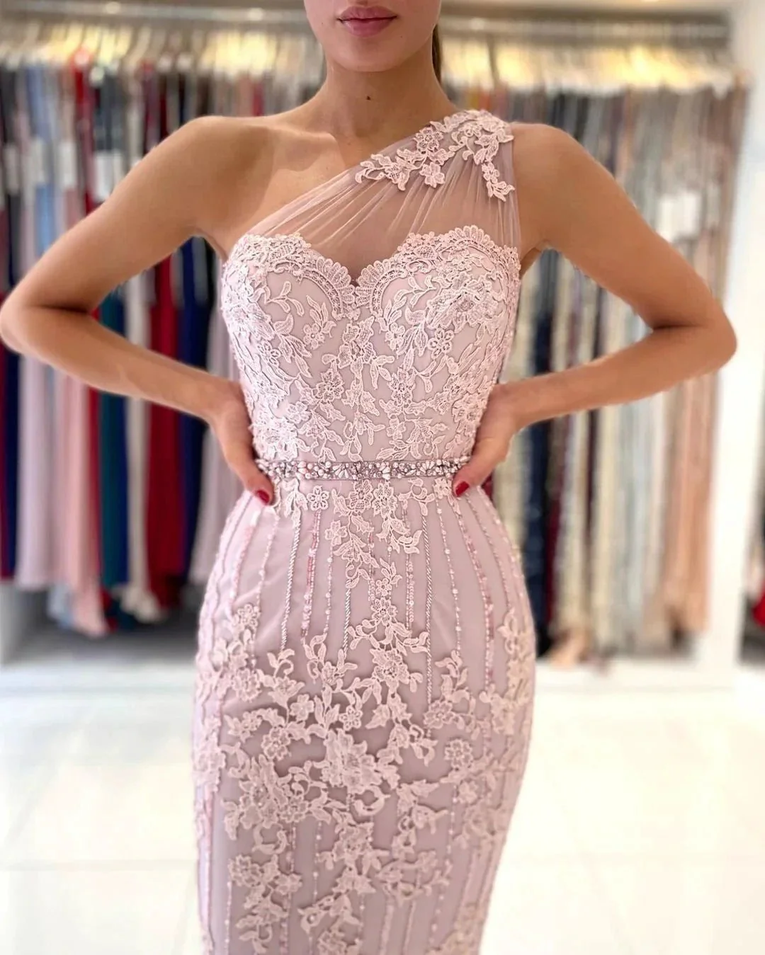 Simple Mermaid One Shoulder Floral Lace Short Formal Party Dress - Image 6