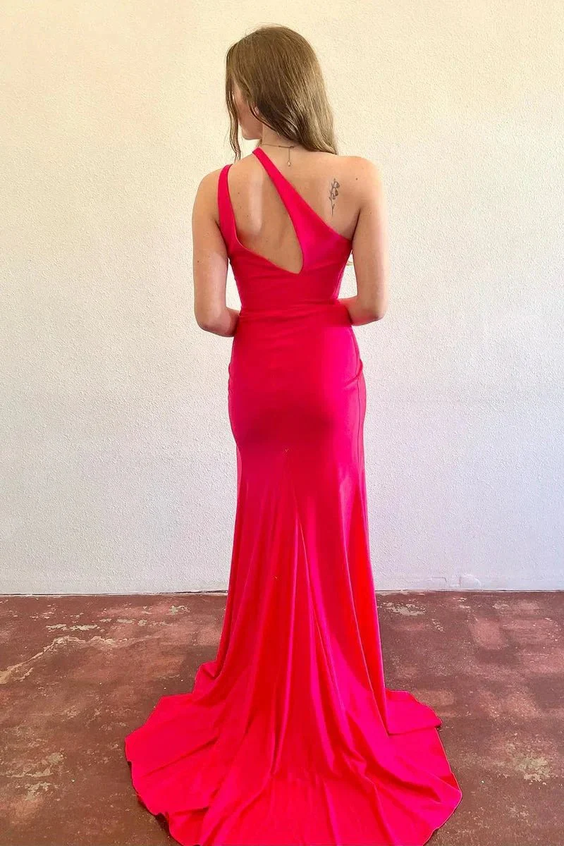 Patrice | Simple Mermaid Red Satin One Shoulder Long Prom Dress with Slit - Image 2